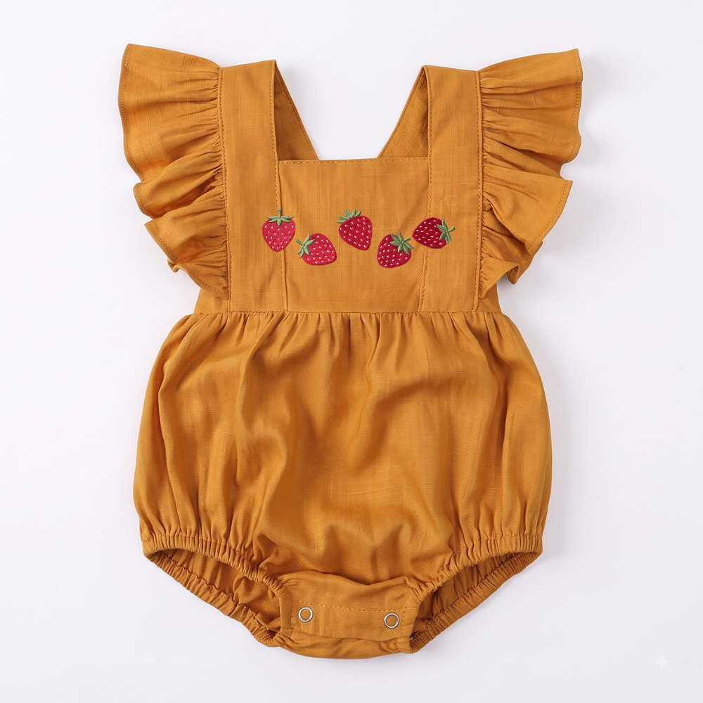 Baby Girl Strawberry Romper | Smocked Summer Bubble Romper  | Ruffle Flutter Sleeves | Newborn Gift