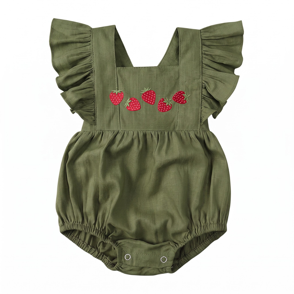 Baby Girl Strawberry Romper | Smocked Summer Bubble Romper  | Ruffle Flutter Sleeves | Newborn Gift