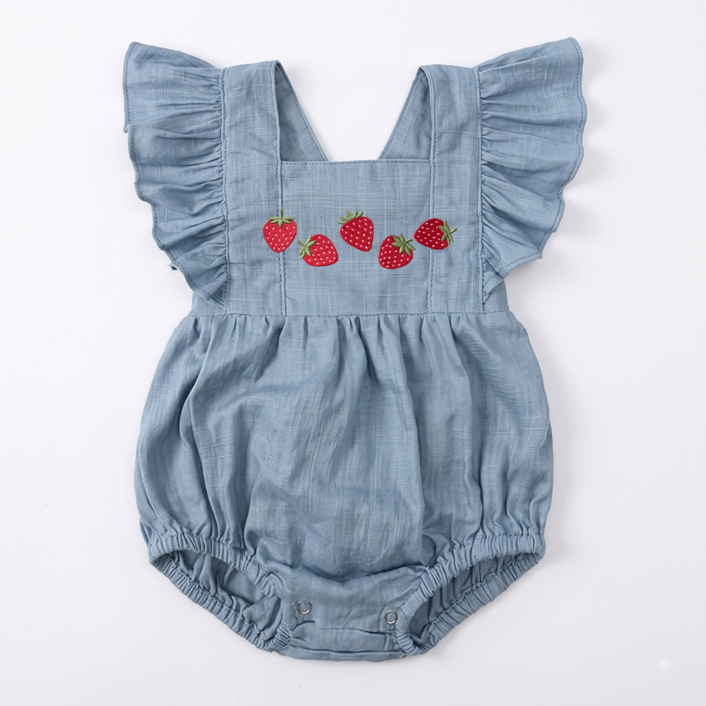 Baby Girl Strawberry Romper | Smocked Summer Bubble Romper  | Ruffle Flutter Sleeves | Newborn Gift