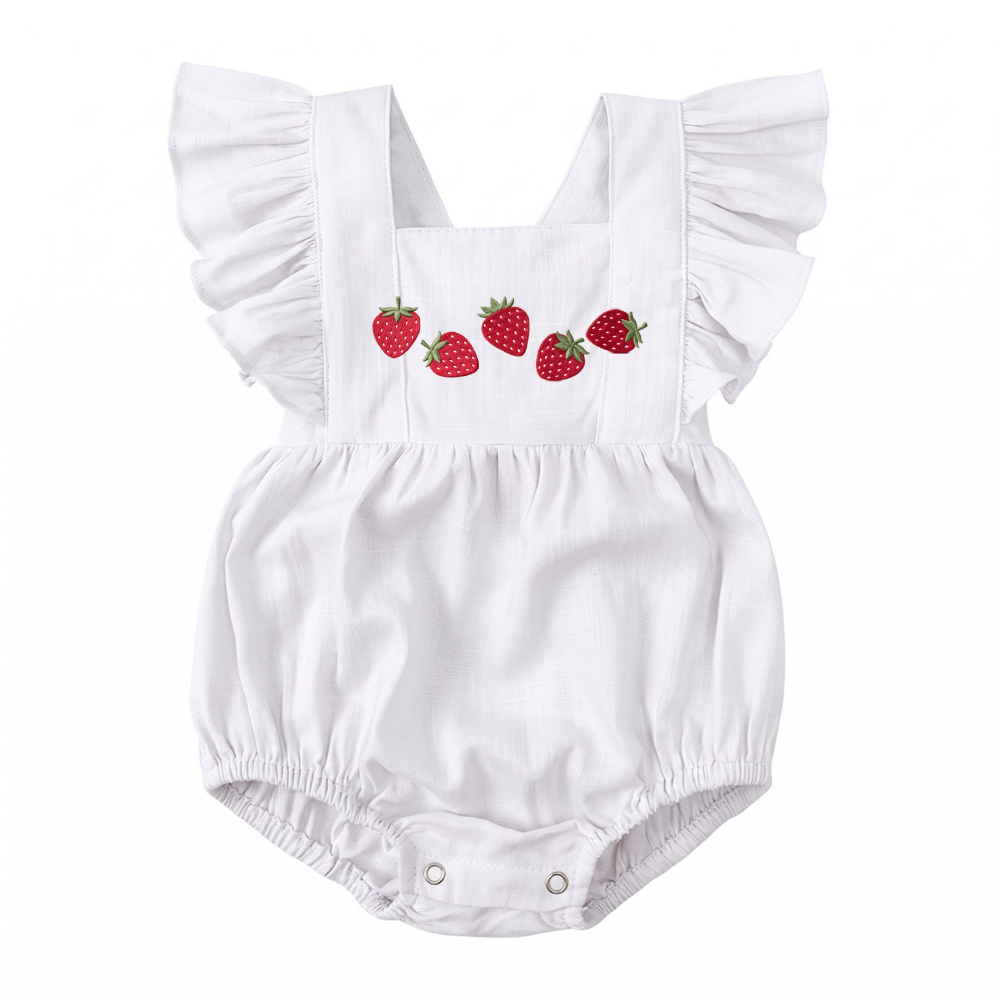 Baby Girl Strawberry Romper | Smocked Summer Bubble Romper  | Ruffle Flutter Sleeves | Newborn Gift