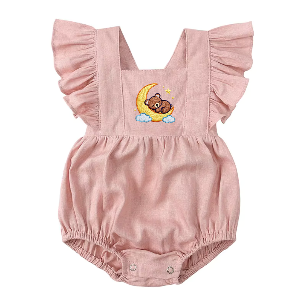Sweet Dreams Bear Embroidered Baby Romper| Smocked Summer Bubble Romper | Ruffle Flutter Sleeves | Newborn Gift