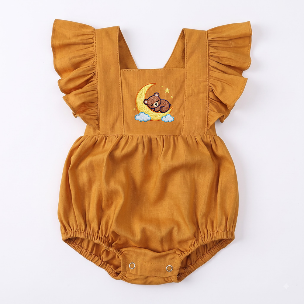Sweet Dreams Bear Embroidered Baby Romper| Smocked Summer Bubble Romper | Ruffle Flutter Sleeves | Newborn Gift