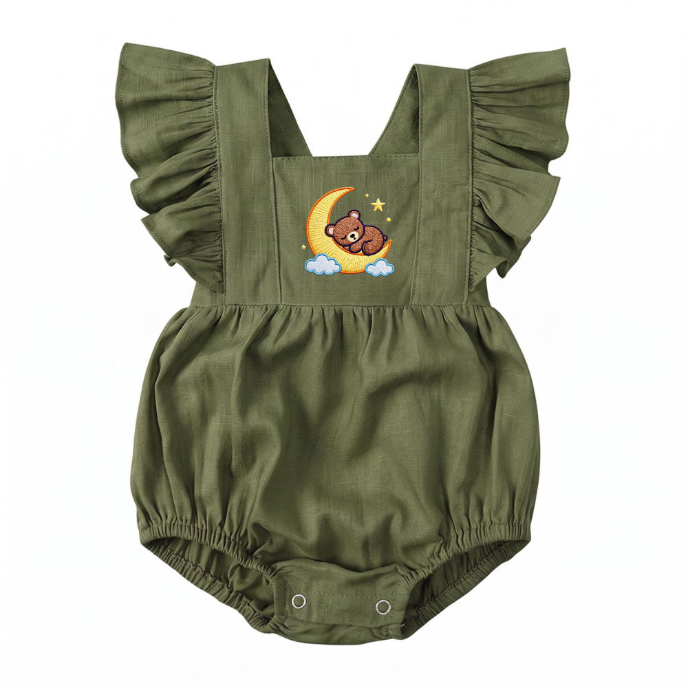 Sweet Dreams Bear Embroidered Baby Romper| Smocked Summer Bubble Romper | Ruffle Flutter Sleeves | Newborn Gift