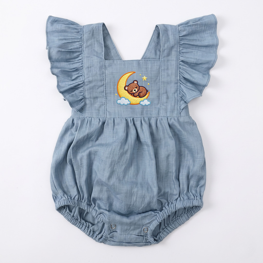 Sweet Dreams Bear Embroidered Baby Romper| Smocked Summer Bubble Romper | Ruffle Flutter Sleeves | Newborn Gift