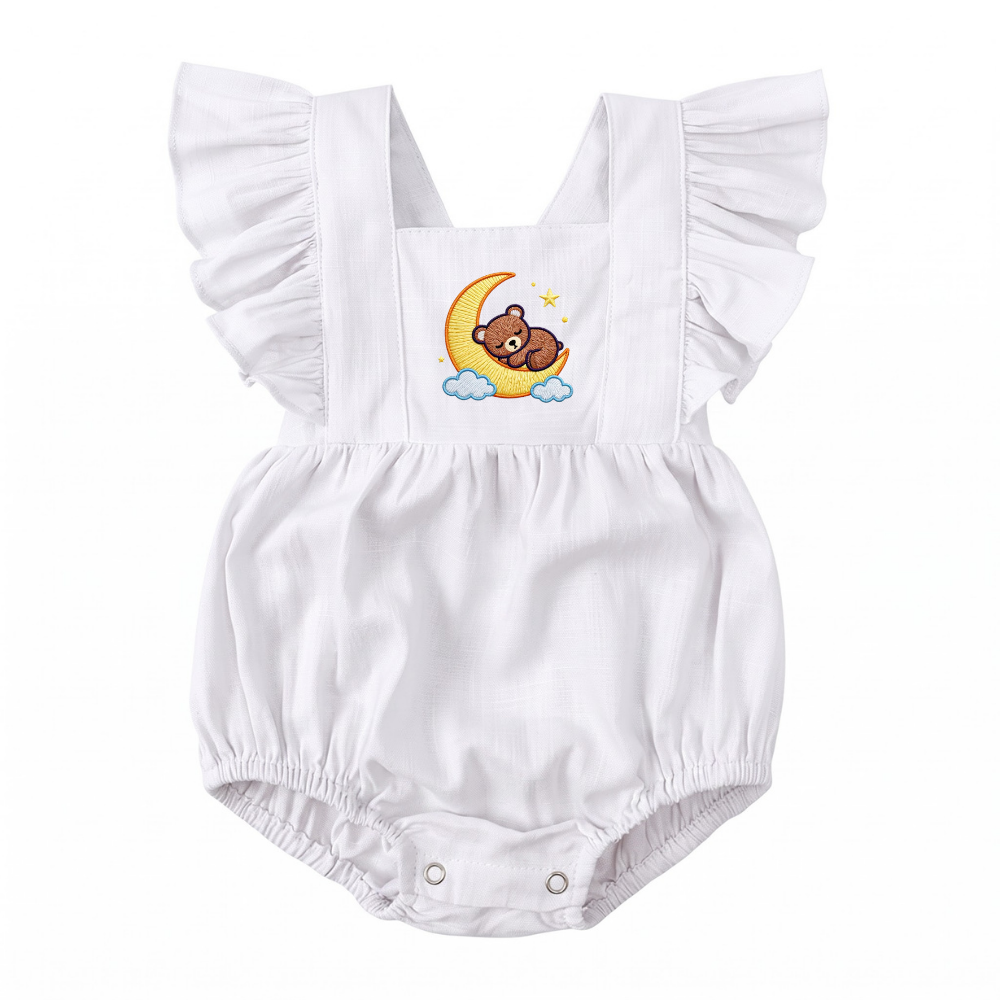 Sweet Dreams Bear Embroidered Baby Romper| Smocked Summer Bubble Romper | Ruffle Flutter Sleeves | Newborn Gift