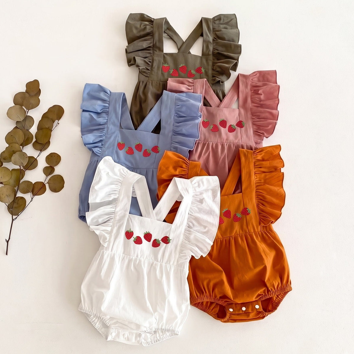 Baby Girl Strawberry Romper | Smocked Summer Bubble Romper  | Ruffle Flutter Sleeves | Newborn Gift