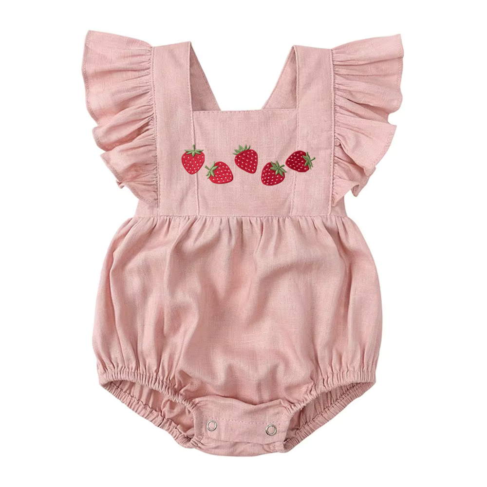 Baby Girl Strawberry Romper | Smocked Summer Bubble Romper  | Ruffle Flutter Sleeves | Newborn Gift