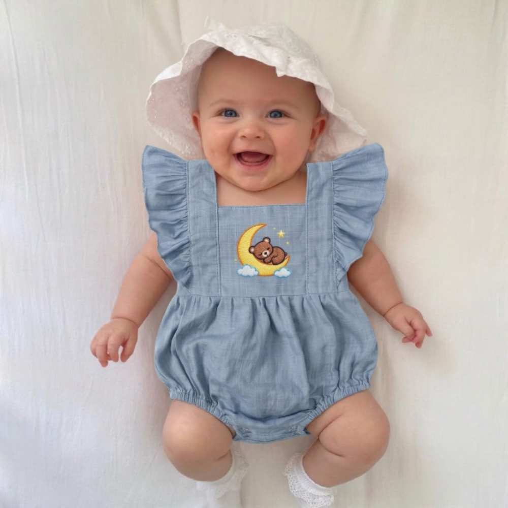 Sweet Dreams Bear Embroidered Baby Romper| Smocked Summer Bubble Romper | Ruffle Flutter Sleeves | Newborn Gift