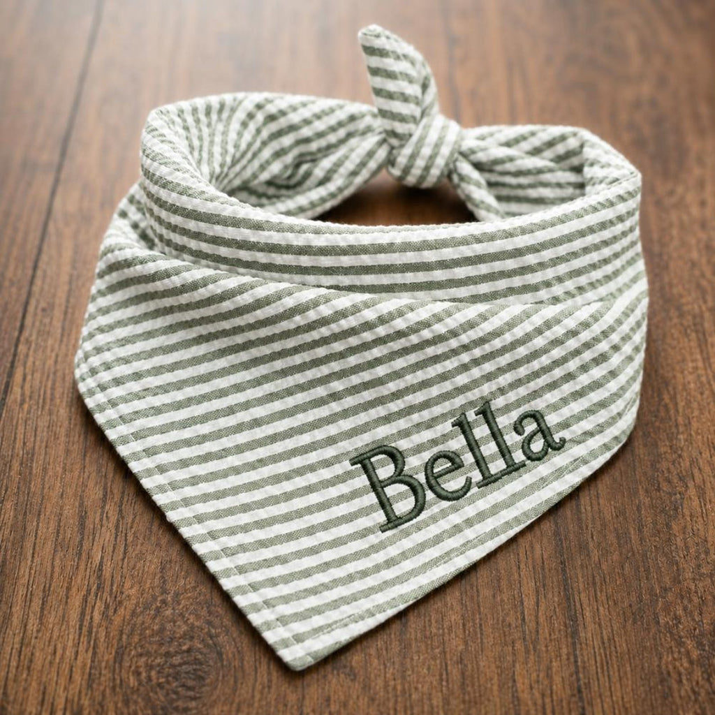 Custom Dog Bandana Embroidered | Personalized Pet Bandana with Name | Seersucker Striped Dog Scarf | Custom Puppy Gift | Cat Bandana Tie On