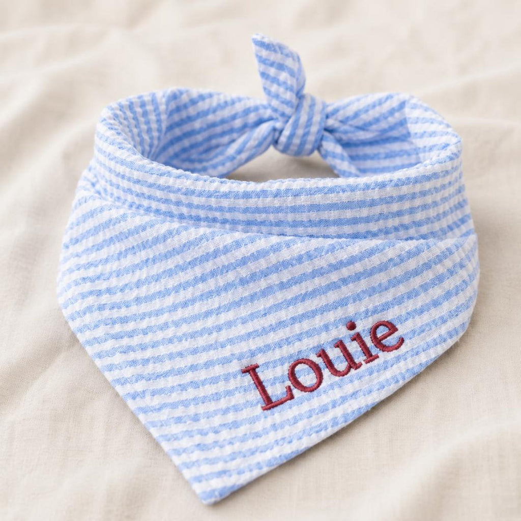 Custom Dog Bandana Embroidered | Personalized Pet Bandana with Name | Seersucker Striped Dog Scarf | Custom Puppy Gift | Cat Bandana Tie On