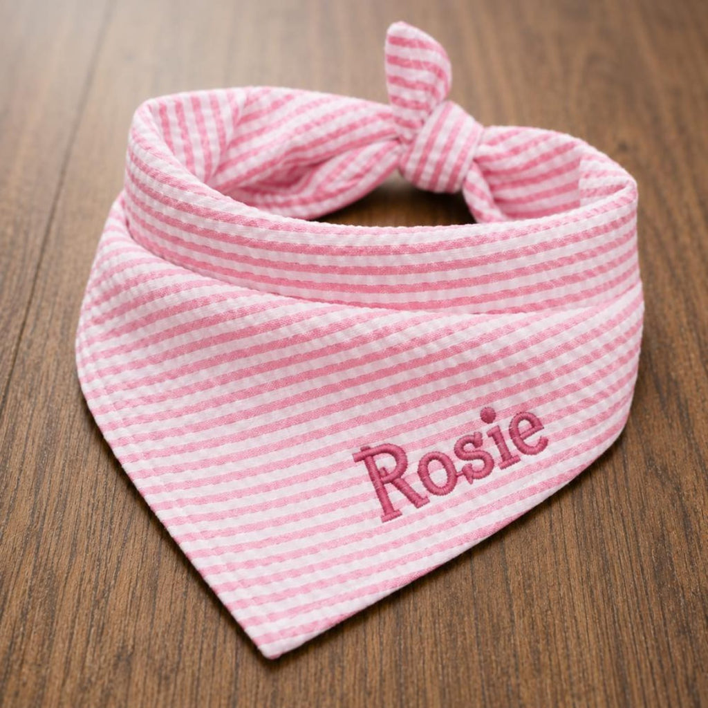 Custom Dog Bandana Embroidered | Personalized Pet Bandana with Name | Seersucker Striped Dog Scarf | Custom Puppy Gift | Cat Bandana Tie On
