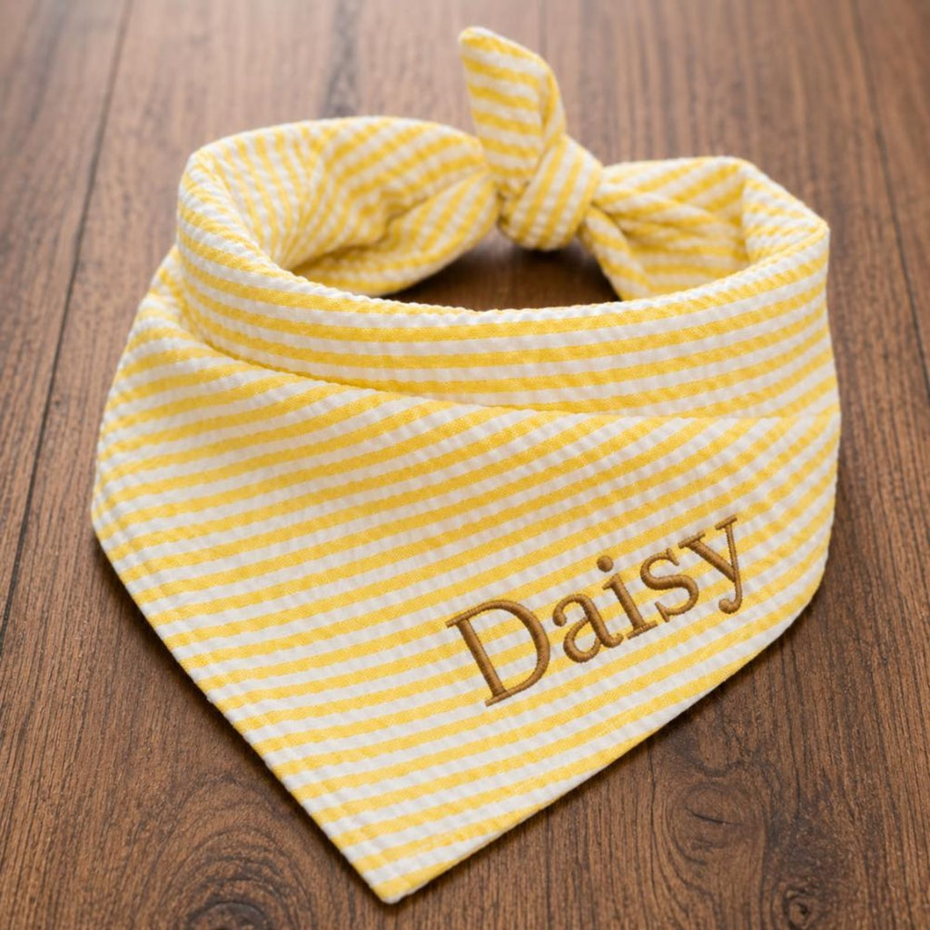 Custom Dog Bandana Embroidered | Personalized Pet Bandana with Name | Seersucker Striped Dog Scarf | Custom Puppy Gift | Cat Bandana Tie On